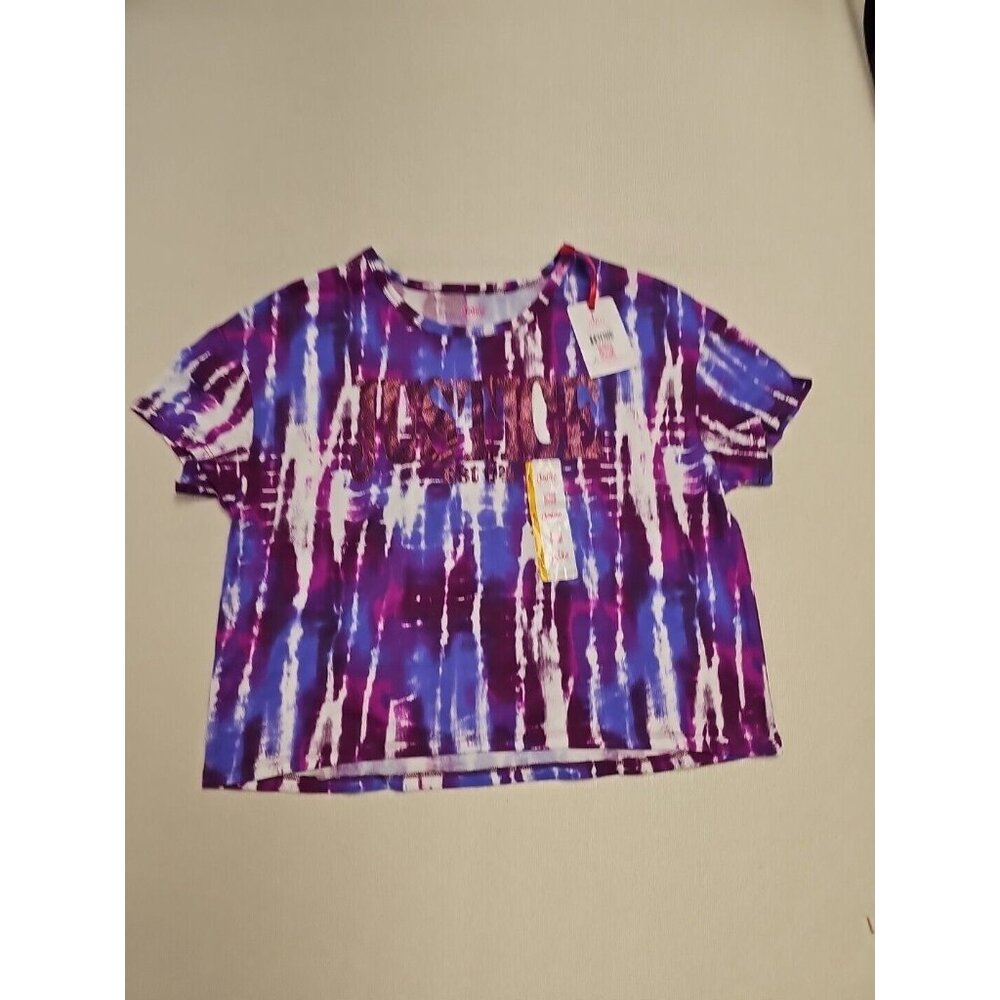Justice Girls Tie Dye Graphic Tee Purple Blue Glitter Logo Shirt Large 12/14 NWT